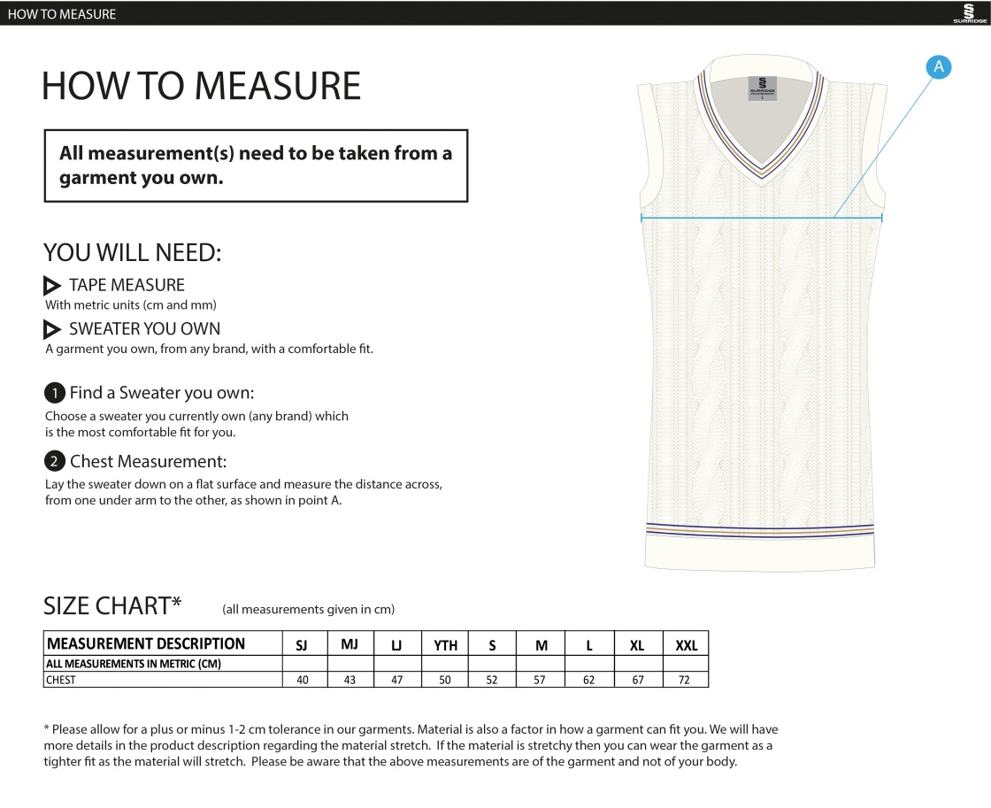 Upminster CC - Short Sleeved 50/50 Cable Knit Sweater - Unisex Fit - Size Guide