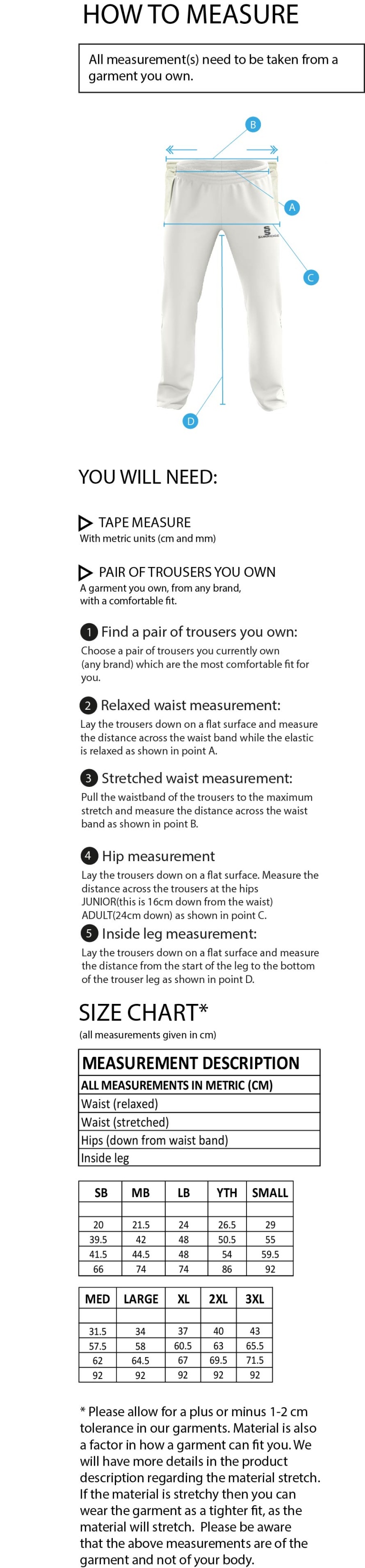 Upminster CC - Standard Playing Pant - Unisex Fit - Size Guide