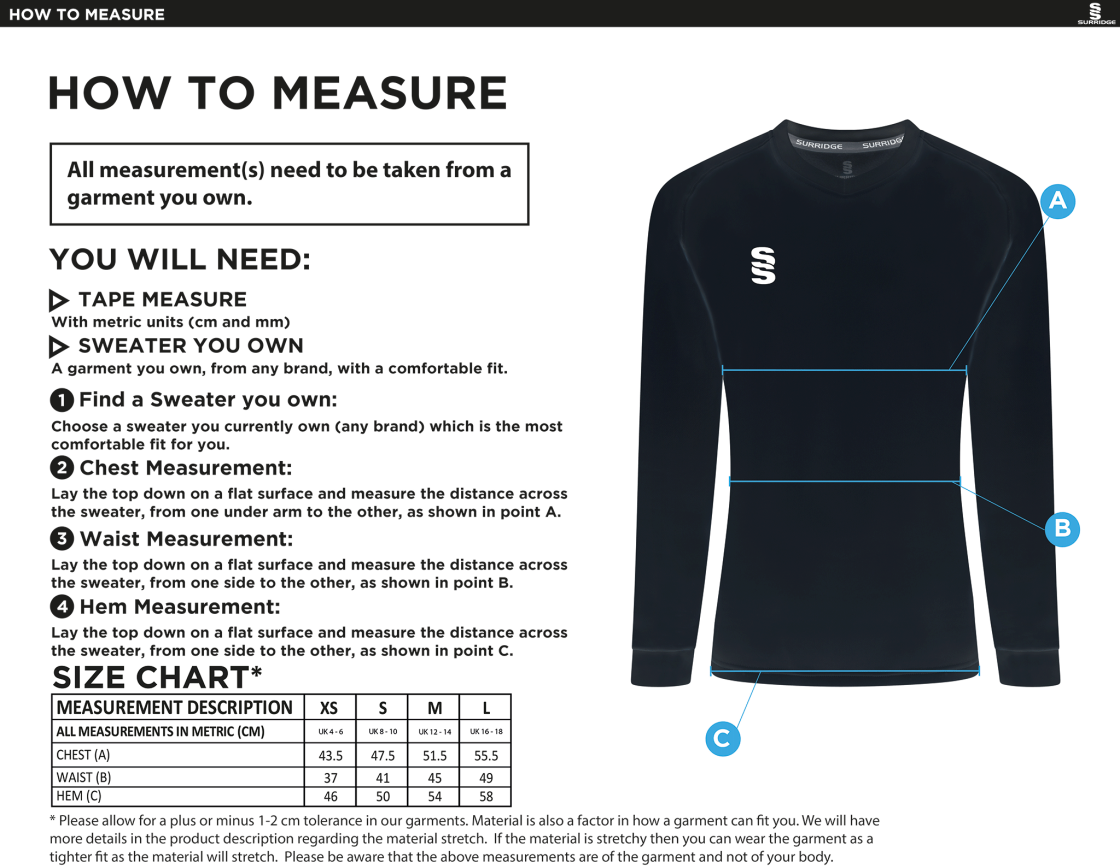 Upminster CC - T20 Long Sleeved Sweater - Women's Fit - Size Guide