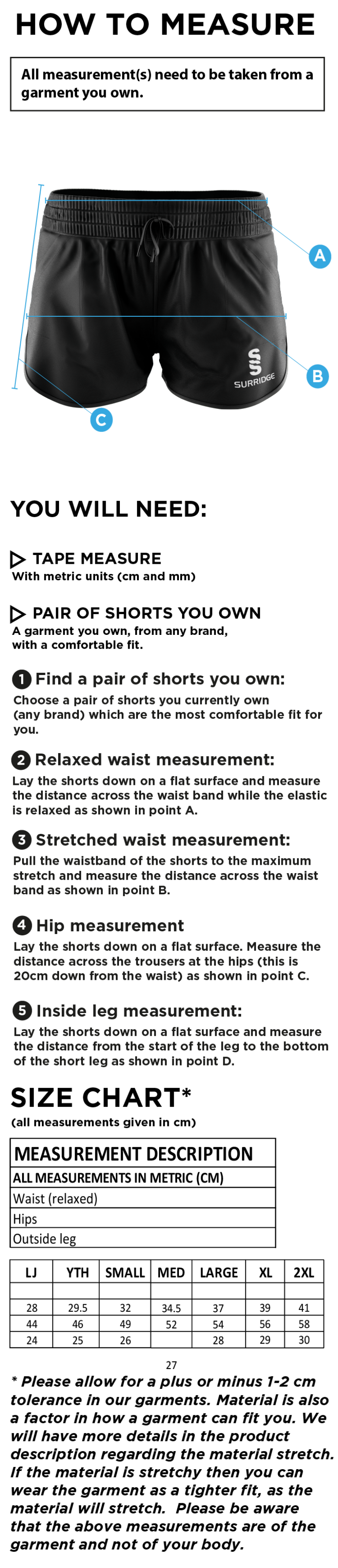 Upminster CC - Dual Shorts - Women's Fit - Size Guide